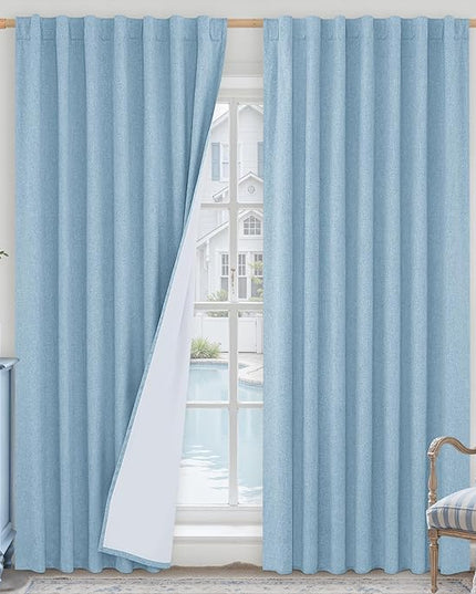 LAMIT Stone Blue 100% Blackout Linen Curtains, 84 Inch Linen Textured Living Room Farmhouse Curtains Room Darkening Back Tab and Rod Pocket Neutral Panels with White Liner, 2 Panels, 60 x 84 Inch