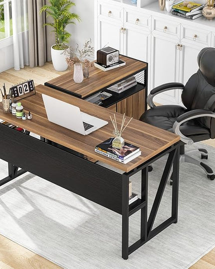 Tribesigns 55 inches Computer Desk with Bottom Storage Shelf Home Office Desk Writing Table for Workstation, Dark Walnut + Steel Leg, Cabinet not Included (Walnut, 55-inch -with Shelf)