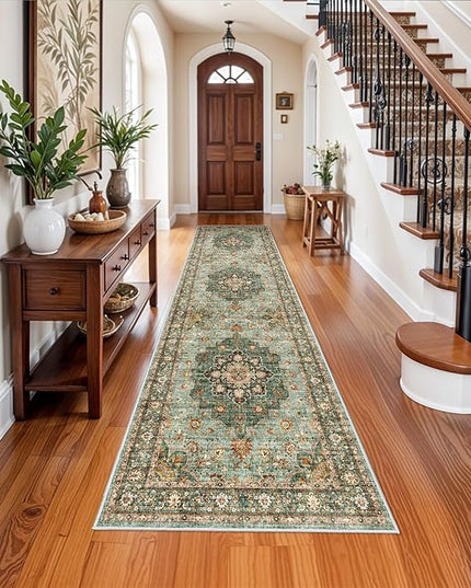 Washable Oriental Hallway Runner Rug - 3x12 Rugs for Living Room Soft Carpet for Bedroom Kitchen Waterproof Floral Distressed Indoor Stain Resistant Non-Shedding Floor Carpets (Green, 3X12)
