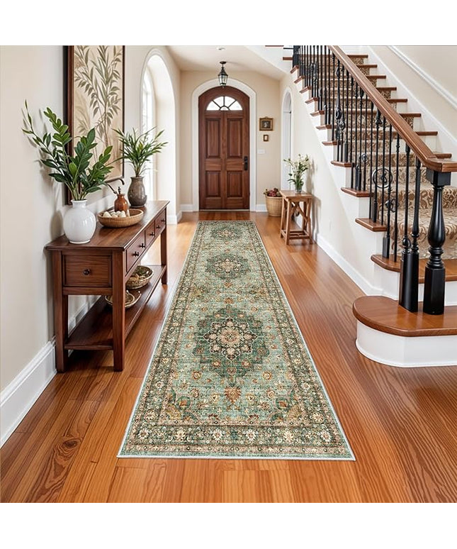 Washable Oriental Hallway Runner Rug - 3x12 Rugs for Living Room Soft Carpet for Bedroom Kitchen Waterproof Floral Distressed Indoor Stain Resistant Non-Shedding Floor Carpets (Green, 3X12)