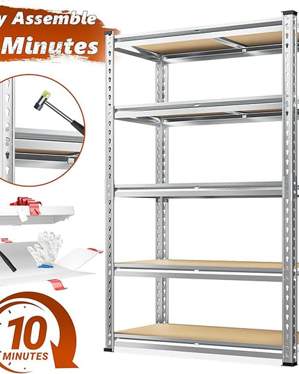 REIBII Garage Shelving, 5 Tier Storage Shelves Load 2020LBS, Adjustable Garage Shelves Heavy Duty, Metal Shelving Unit with Waterproof Columns for Warehouse, 35.5" W x 11.9" D x 72" H, Galvanized