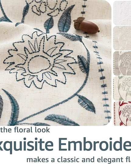 jinchan Winslow Linen Curtains for Bedroom 63 Inches Length Embroidered Bordered Floral Curtains for Living Room Farmhouse Decor Light Filtering Window Treatments Blue on Beige Drapes 2 Panels