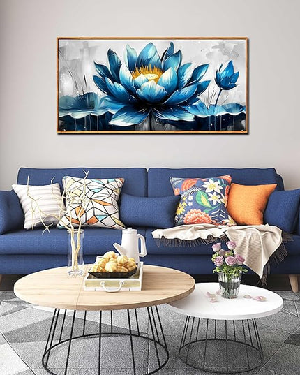 Ouzzlie Lotus Wall Art Blue Wall Decor Flower Painting Gray Canvas for Bedroom Modern Art 24" x 48"