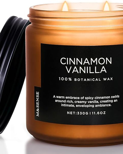 M&SENSE Cinnamon Vanilla Fall Scented Candles for Home, Natural Soy Wax 11.6oz 70 Hours Large Long Lasting Strong Scented Classic 2 Wicks Jar Candle Gift for Housewarming