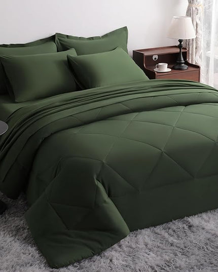 NTBAY Queen Comforter Set with Sheets, 7 Pieces Soft and Breathable Queen Bedding Set, Bed in a Bag, Down Alternative Comforter Set Solid Color All Season, Queen Bedding Set, Olive Green