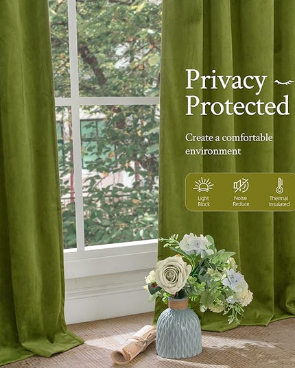 LAMIT Moss Green Velvet Curtains for Living Room 102 Inch Length, Vintage Thermal Insulated Room Darkening Drapes Super Soft Back Tab and Rod Pocket Panels for Bedroom, 2 Panels, 52 x 102 Inch