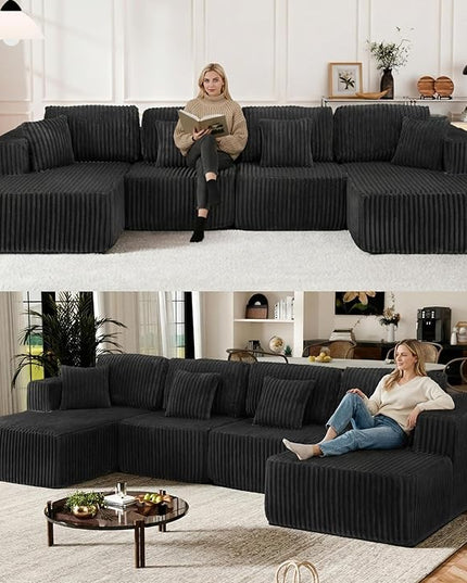 132" U Shaped Boneless Couch, Cloud Sectional Modular Sofa with Double Chaise Lounge, Corduroy Cloud Couch with Pillows & Deep Seat, Boneless Sofa for Living Room, Black