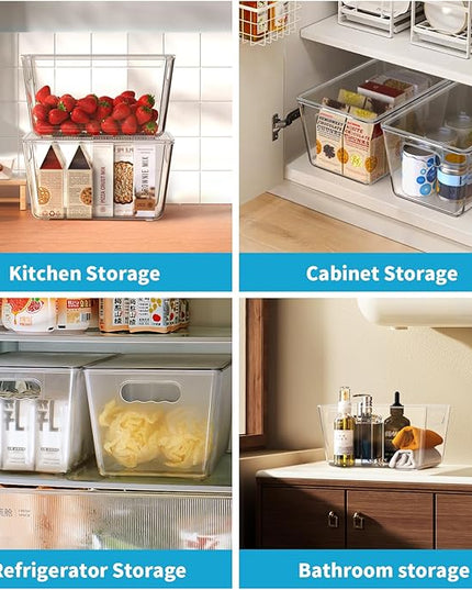 Clear Plastic Storage Bins, Pantry Organizers & Storage Containers, Cabinet Organizer, Home Organization Must Haves for Kitchen, Laundry Room, Office, Closet & Freezer (4 Pack with Lids)