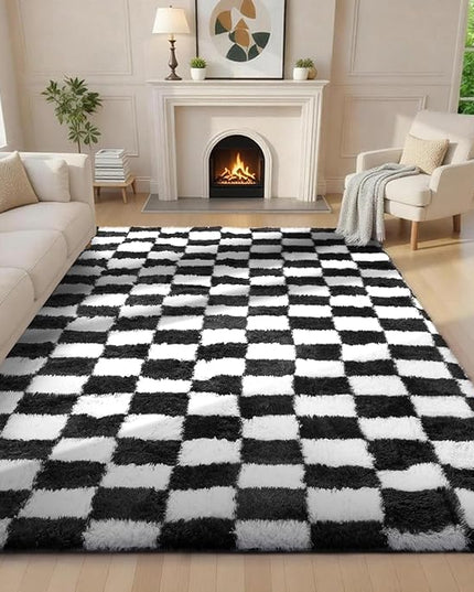Ophanie Checkered Black & White Rug for Living Room Bedroom, Fluffy Soft Cute Fuzzy Area Rugs, Shag Plush Shaggy Bedside Floor 6x9 Furry Carpet for Kids Baby Teen Dorm Nursery Home Decor Aesthetic