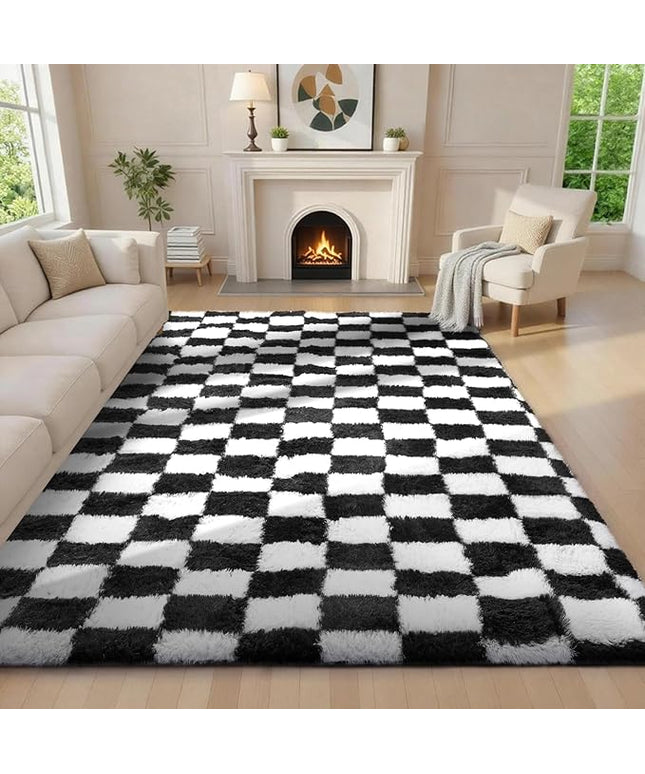Ophanie Checkered Black & White Rug for Living Room Bedroom, Fluffy Soft Cute Fuzzy Area Rugs, Shag Plush Shaggy Bedside Floor 6x9 Furry Carpet for Kids Baby Teen Dorm Nursery Home Decor Aesthetic