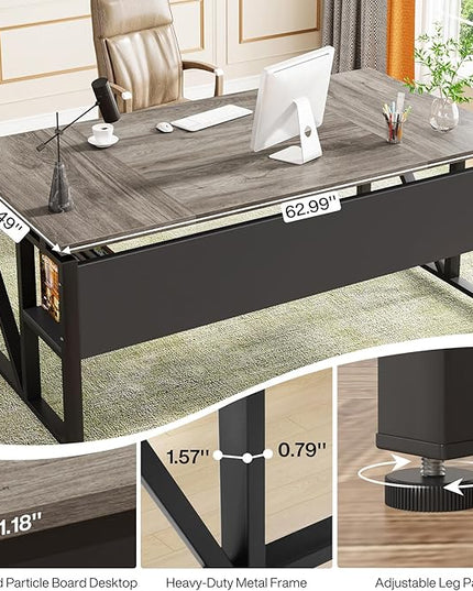 Tribesigns 63 inches Computer Desk with Bottom Storage Shelf Home Office Desk Writing Table for Workstation,Dark Walnut + Steel Leg， Cabinet not Included (Grey, 63-inch-with Shelf)