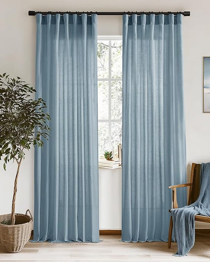 XTMYI Dusty Blue Curtains 96 Inches Long for Living Room,Light Filtering Country Vintage Hooks Pleated Back Tab Semi Sheer Linen Curtains for Bedroom 2 Panels Set,Stone Blue