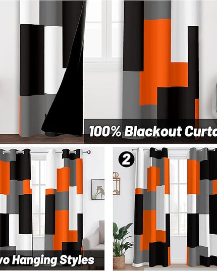 Orange 100% Blackout Curtains for Bedroom 63 inch Length 2 Panels Set White Grey Modern Abstract Geometric Black Out Curtains Insulated Room Darkening Window Drapes for Living Room, 42Wx63L