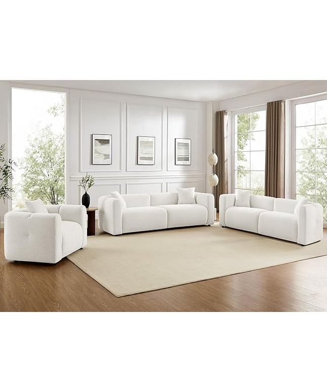 VANOMi Living Room Furniture Sets Include 95" Sofa & 42" Armchairs, Boucle Upholstered Oversized Couch with Pillows, Living Room Furniture Set for Bedroom Apartment (White, 2 Sofas+1 Chair)