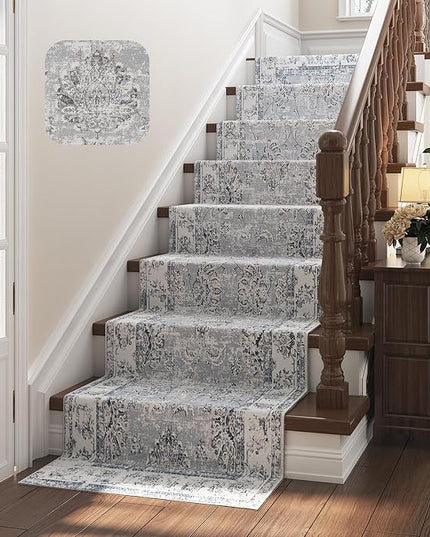 jinchan Fiora Hallway Runner Rug 3x8 Machine Washable Runner Rug Grey Vintage Floral Design Non-Slip Low Pile Ultra-Thin for Kitchen Laundry Room Bedroom Farmhouse (3‘x8', Grey)