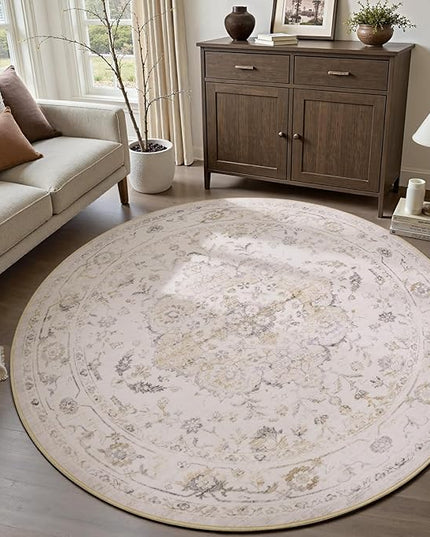 PADOOR-Vintage 6FT Round Rug-Rugs for Living Room-Soft Beige Circle Rug-Machine Washable Rugs for Bedroom-Non Slip Carpet-Rug for Dining Room Living Room Bedside Office
