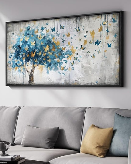 Framed Large Tree Wall Art, Blue and Gold Abstract Tree of Life Canvas Painting Print Artwork for Walls, Modern Golden Butterfly Picture for Living Room Bedroom Dining Room Hallway Wall Decor, 20x40