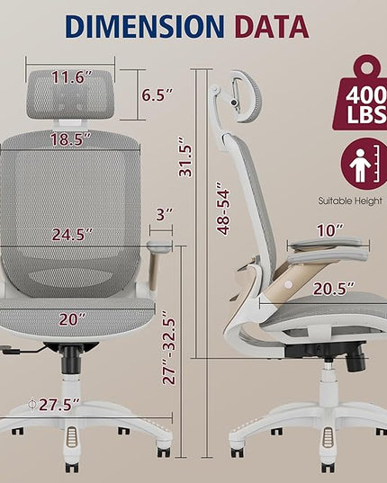 GABRYLLY Ergonomic Office Chair, High Back Home Desk Chair with Headrest, Flip-Up Arms, 90-120° Tilt Lock and Wide Cushion, Big and Tall Mesh Chairs for Man Woman, White Task Chair