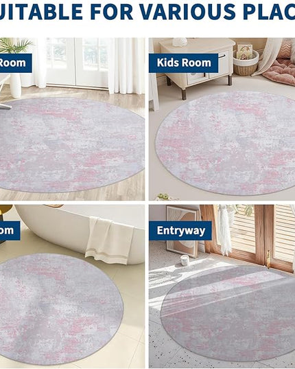 Modern Abstract 8x8 Round Area Rug Non Slip Non Shedding Rug Low Pile Stain Resistant for Bedroom Living Room Office Dining Room,Grey Pink