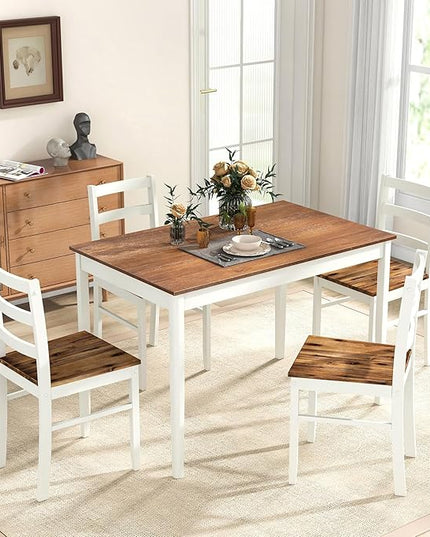 Tangkula Dining Table Set for 4, Solid Wood, Farmhouse Dinette Set w/Rubber Wood Legs, Mid-Century Modern, Compact Dining Table and Chairs Set for Kitchen, Dining Room (Brown+White)
