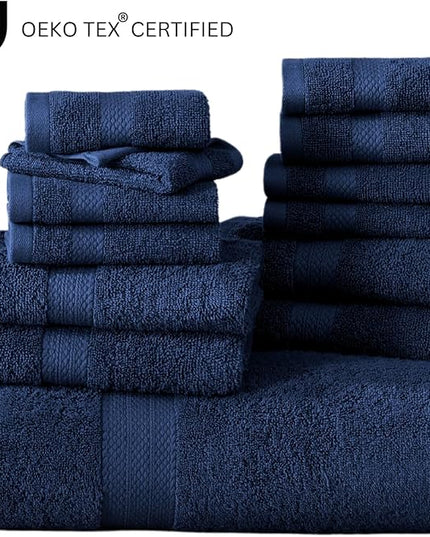LANE LINEN 100% Cotton Luxury Towel Set for Bathroom - 16 Pieces, Ring Spun - Plush, Soft & Highly Absorbent - 4 Shower Towels, 8 Washcloths, 4 Hand Towels - Complete Bathroom Towel Set - Navy Blue