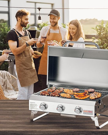 Tabletop Gas Grill 3 Burners, Portable Propane BBQ Grill with Foldable Legs for Outdoor Barbecue Patio Backyard Camping, Tailgating, RV Trip, Heavy Duty & 24000BTU, GS307