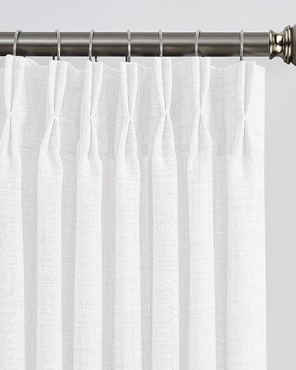 White Linen Pinch Pleated Semi Sheer Curtains 2 Panels 45 Inches Long, Back Tab with Hooks, Window Treatment Curtains for Bedroom Cabin 42 Inch Wide