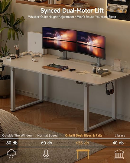 71x32 Inch Adjustable Standing Desk with 4 Legs, Stand-up Desk Features a Spacious Rectangular Top, Dual-Motor Lift, and Memory Presets (28-46Inch) for Home Offices or Computer Workstations, White