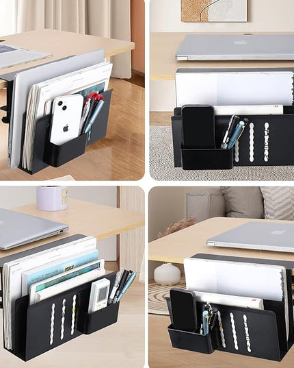 2 TIER Desk Side Storage Upgraded Under Desk Organizer, No Drill Hanging Laptop Holder Under Desk, Clamp-On Table Side Tray Steel Desktop Organization for Office and Home (Black)