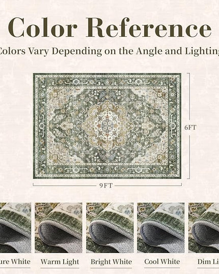 PADOOR-Vintage Area Rug 6X9 Rugs for Living Room-Soft Olive Green Rugs for Bedroom-Machine Washable Rugs Non Slip Carpet-Rug for Dining Room Living Room Bedside Office