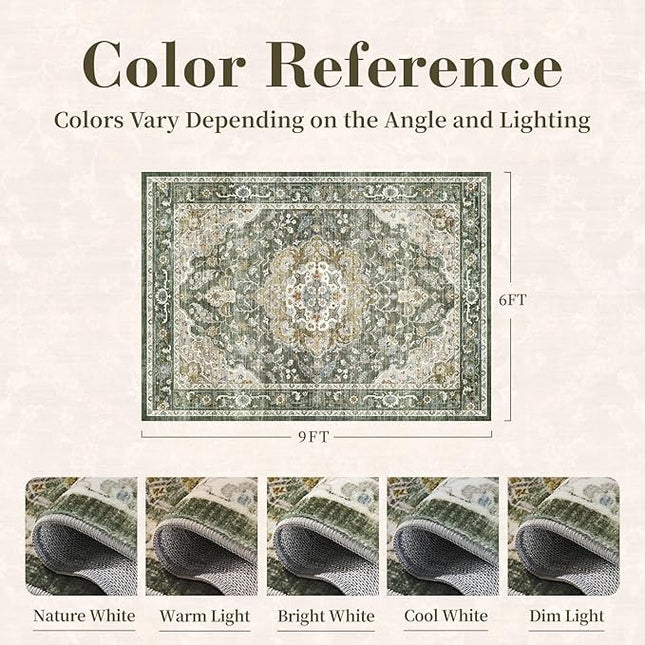 PADOOR-Vintage Area Rug 6X9 Rugs for Living Room-Soft Olive Green Rugs for Bedroom-Machine Washable Rugs Non Slip Carpet-Rug for Dining Room Living Room Bedside Office