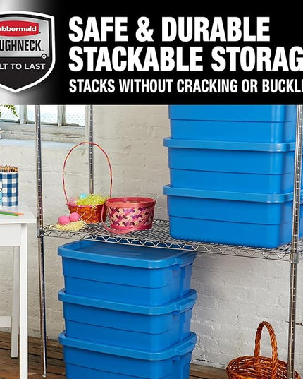 Rubbermaid Roughneck Tote 10 Gal, 6 Pack, Made in USA, Heritage Blue, Rugged Plastic Stackable Storage Bins with Lids and Handles