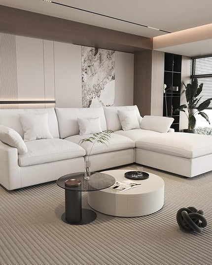 WJShome 120" Cloud Couch Sectional for Living Room, L Shape Down Filled Modular Sectional Sofa,Convertible Couch with Ottoman, Sofa Covers Washable&Replaceable,White