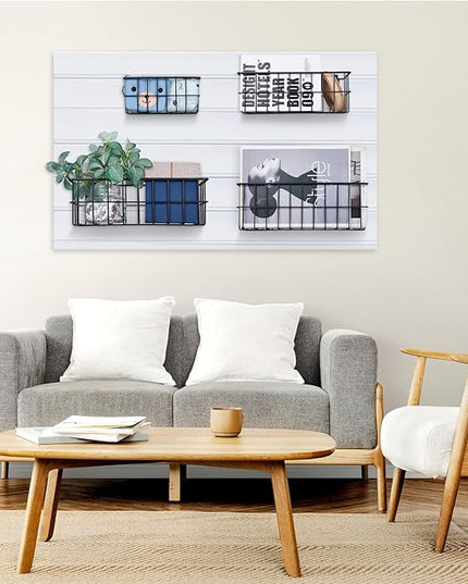 4Pcs Slatwall Basket Set Ventilated Metal Slatwall Baskets Hanging Storage Baskets for PVC Slatwall, Mounted Slatwall Accessories Storage Display on Garage Slatwall Panels