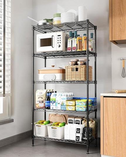72" H Storage Shelves 5 Tier Wire Shelving with Shelf Liners, Adjustable Metal Garage Shelving, 1325LBS Heavy Duty Commercial Storage Rack for Pantry Kitchen, 35" W x 16" D x 72" H, Black
