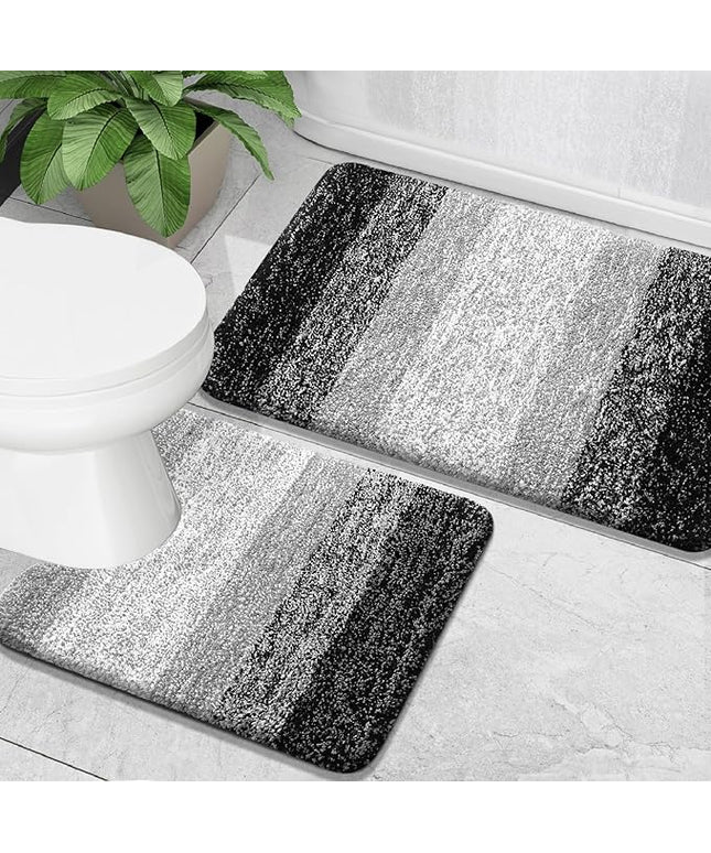 OLANLY Bathroom Rug Set 2 Piece, Soft Absorbent Microfiber Bath Mats and U-Shaped Contour Toilet Rug, Non-Slip, Machine Wash Dry, Plush Shaggy Bath Mats for Bathroom (24"x16"+24"x20", Black)