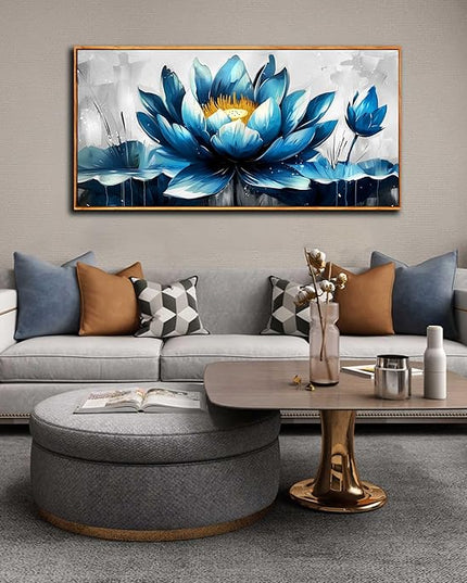 Ouzzlie Large Flower Wall Decor Blue Wall Art for Living Room Gold Art Lotus Posters for Home Office 29" x 59"