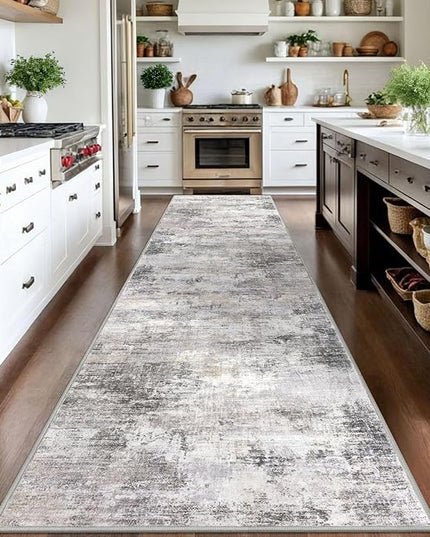 IOHOUZE Abstract Runner Rug 3x14 Ft Washable Runners for Hallways, Non Slip Kitchen Runner Printed Faux Wool Entryway Runner Indoor, Modern Abstract Floor Carpet for Hall Stair, Grey Beige