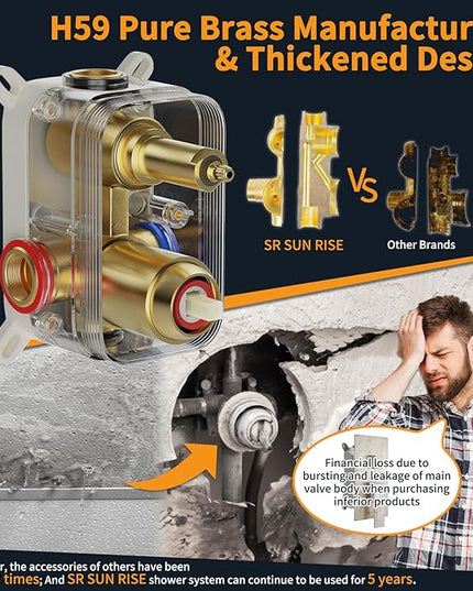 SR SUN RISE Shower Faucets Sets Complete Brushed Gold Square Rain Shower Head with Handheld Spray All Metal Shower Faucet Trim Repair Kits (Contain Shower Valve)