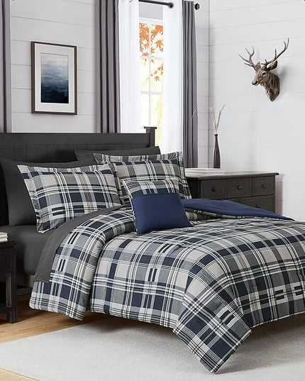 MaiRêve Full Size Comforter Set Navy Blue, Plaid Design Comforter Set 7 Pieces, All Season Comfortable Bedding Sets Full, Lightweight, Soft and Warm (Navy Blue, Full)