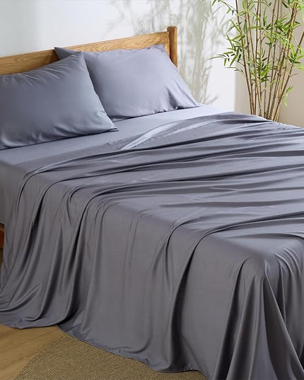 Bedsure Queen Sheet Set, Cooling Sheets for Queen Size Bed Set, Rayon Derived from Bamboo, Breathable & Soft, Deep Pocket Up to 16", Hotel Luxury Silky Bedding for Hot Sleepers, Dark Grey