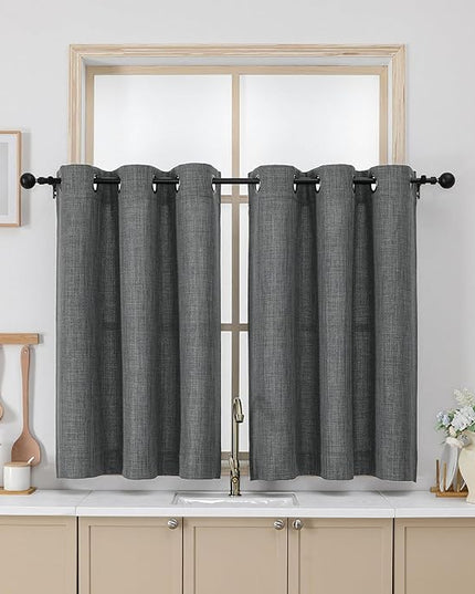 Chyhomenyc Dark Grey Curtains 36 Inch Length, Light Filtering Faux Linen Textured Small Kitchen Window Curtains Over Sink, Grommet Short Cafe Curtain for Bathroom Basement, 40Wx36L, 2PCS
