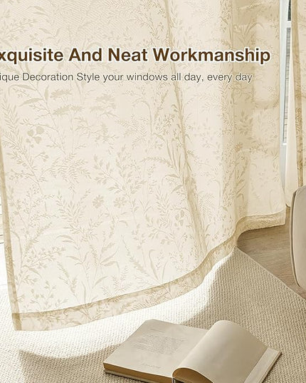 Anmao Taupe Semi Sheer Light Filtering Curtains 54 Inches Long 2 Panels, Leaf Pattern Drapes for Living Room Bedroom, Rod Pocket Sheer Window Treatments with Floral Design, 52x54 Inch
