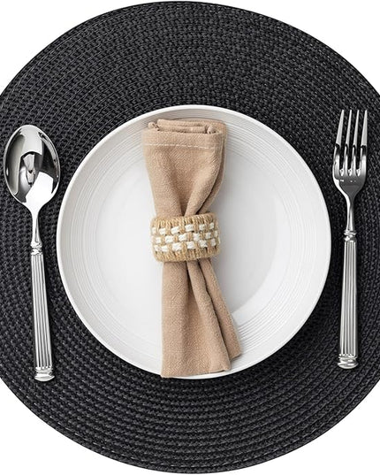 Round Placemats Set of 8 Plastic Woven Placemats Washable Wipeable Table Mats for Dining Table Heat Resistant Non-Slip Circle Place Mats (Black)