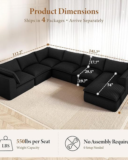 Vesgantti 141.7" Oversized Sectional Boneless Couch, Modern 7 Seater Modular Sofa with Chaise, Deep Seat Convertible Plush Corduroy Cloud Couches for Living Room, No Assembly Required, Black