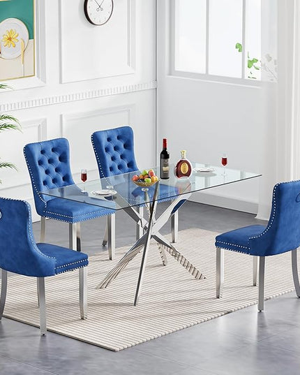 5 Piece Dining Table Set for 4, 51in Glass Dining Table Set with 4 Upholstered Dining Chairs, Blue Tufted Chair & Dining Room Table Set w/Silver Metal Legs, Glass Kitchen Table and Chair Set for 4