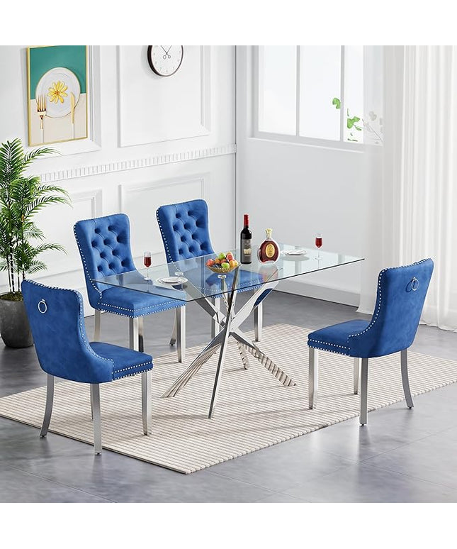5 Piece Dining Table Set for 4, 51in Glass Dining Table Set with 4 Upholstered Dining Chairs, Blue Tufted Chair & Dining Room Table Set w/Silver Metal Legs, Glass Kitchen Table and Chair Set for 4