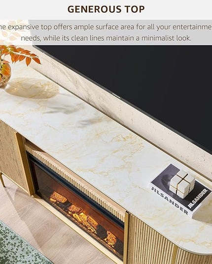 OKD Luxury 70" Fluted Fireplace TV Stand, Modern Chic Entertainment Center for TVs Up to 80 inches, TV Console with Faux Marble Top, Curved Profile Design, Media Console for Living Room, Natural Oak