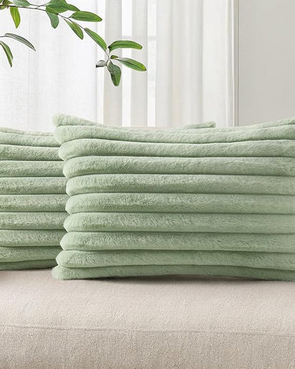 Pallene Faux Fur Plush Lumbar Throw Pillow Covers 12x20 Set of 2, Luxury Soft Fluffy Striped Decorative Pillow Covers for Sofa, Couch, Living Room, Sage Green