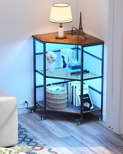 HAIOOU Corner Printer Stand Table with Power Outlet Charging Plugs USB Port & LED Lights, 3-Tier Corner Table with Wheel, Metal Frame Adjustable Storage Shelf for Home Office Kitchen